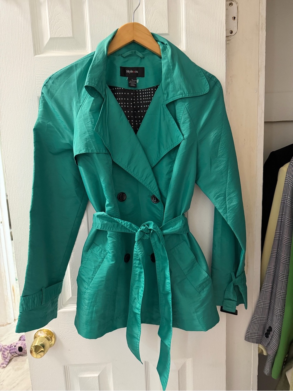 Style & Co. Teal Double-Breasted Belted Trench Coat
